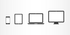 Black device icons: smartphone, tablet, laptop and desktop computer